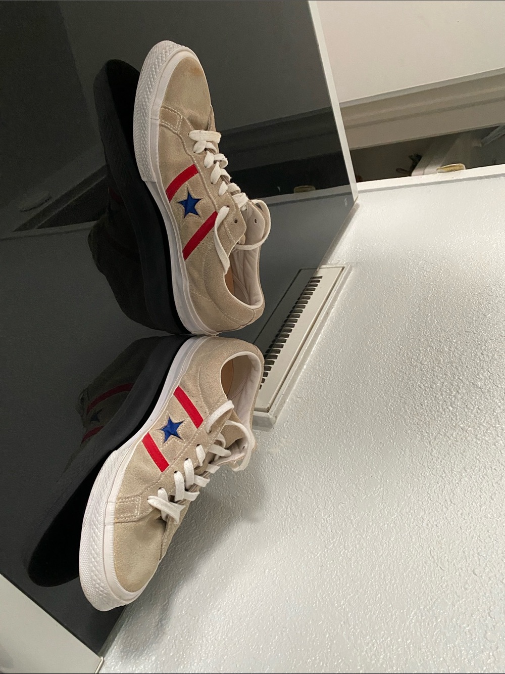 Converse Beige Suede Sneakers with Red Stripe & Blue Star